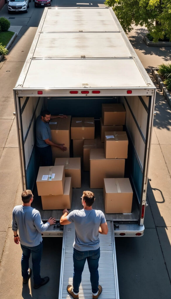 Aerial view of movers loading office furniture and boxes into a